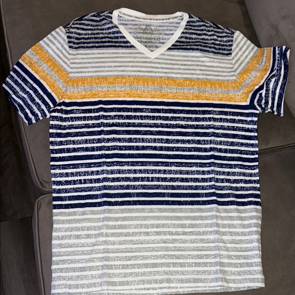 Striped V-Neck Tee with Navy and Mustard Accents